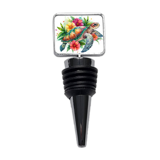 Tropical Sea Turtle Hibiscus Floral Watercolor Wine Bottle Stopper