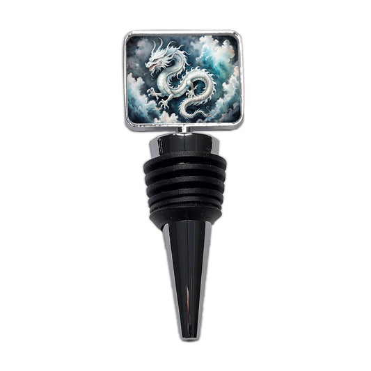 White Asian Dragon On Black Watercolor Wine Bottle Stopper