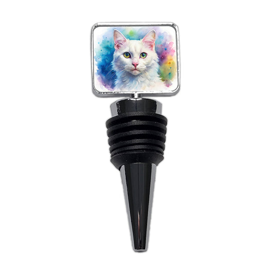 White Cat Watercolor Style Wine Bottle Stopper