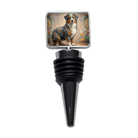 Miniature American Shepherd Dog Bohemian Art Wine Bottle Stopper