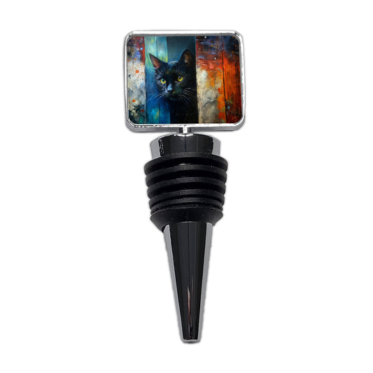 Black Cat Peaking Behind Door Abstract Art Wine Bottle Stopper