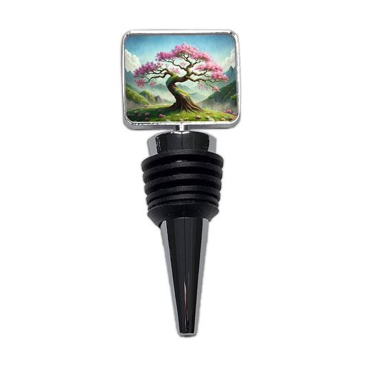 Japanese Bonsai Tree With Pink Flowers On Hillside Wine Bottle Stopper