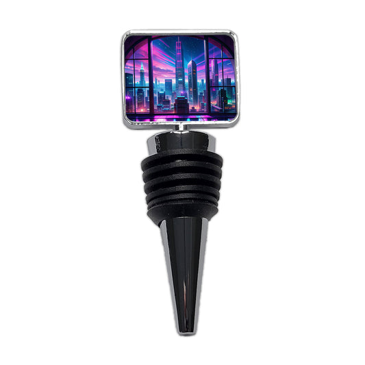 Neon Cityscape As Seen Through Skyscraper Window Purple Blue Wine Bottle Stopper