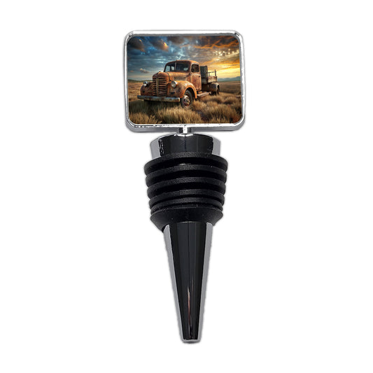 Old Rusted Retro Classic Truck Sitting In Field Wine Bottle Stopper