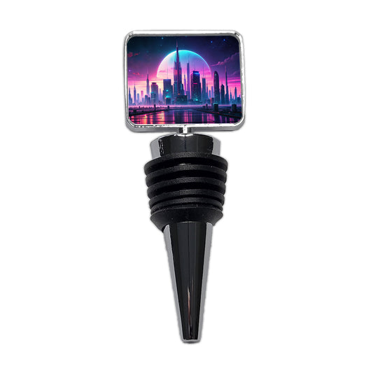 Purple Neon Sci-fi City Horizon Wine Bottle Stopper