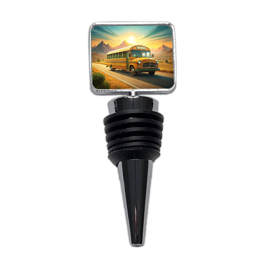 Retro School Bus On Road Wine Bottle Stopper