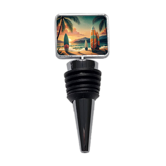 Retro Surfboards On Beach Tropical Sunset Illustration Wine Bottle Stopper