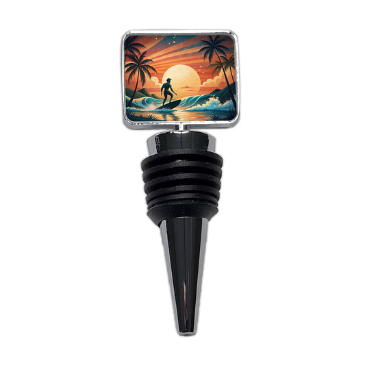 Retro Surfer Beach Tropical Sunset Illustration Wine Bottle Stopper