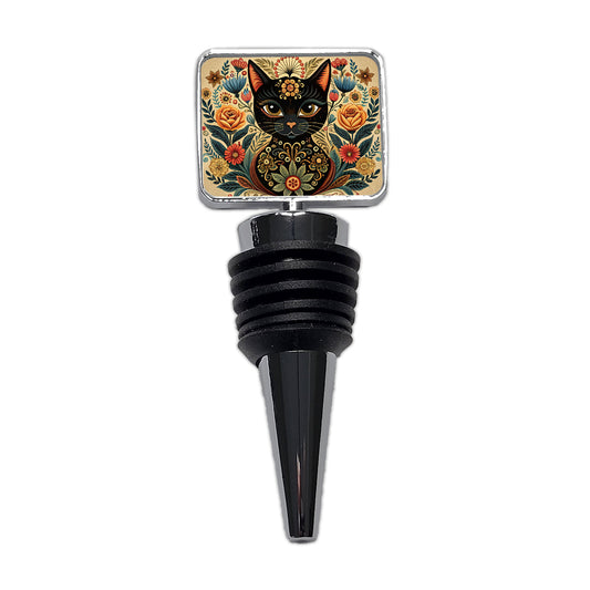 Stylized Black Cat Floral Design Wine Bottle Stopper