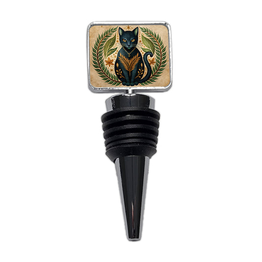 Stylized Black Cat Illustration Leaf Design Wine Bottle Stopper
