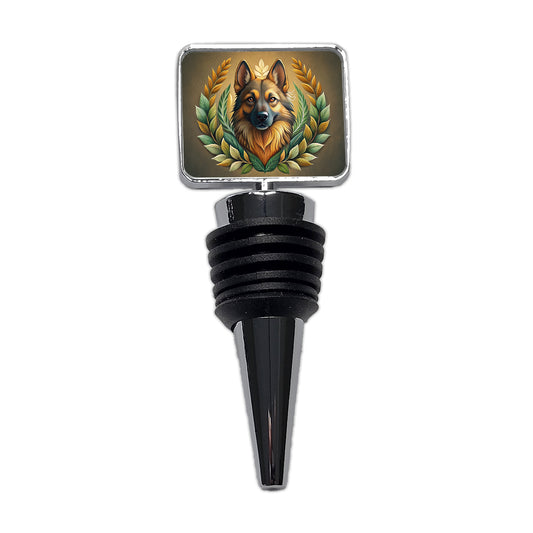 Stylized German Shepherd Illustration Leaf Design Wine Bottle Stopper