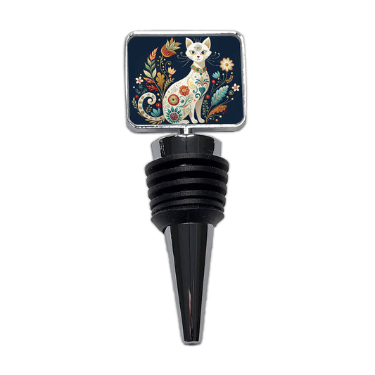 Stylized White Cat Floral Design Wine Bottle Stopper