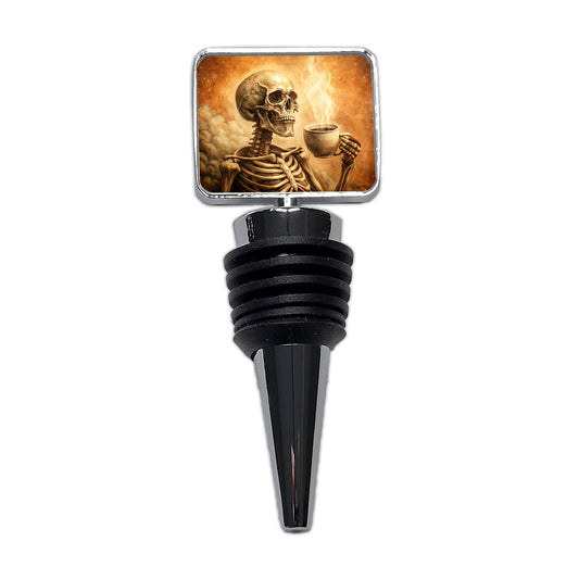 Vintage Skeleton Holding Cup Of Coffee Retro Wine Bottle Stopper