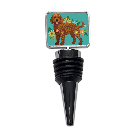 Brown Labradoodle Floral Motif Dog Wine Bottle Stopper