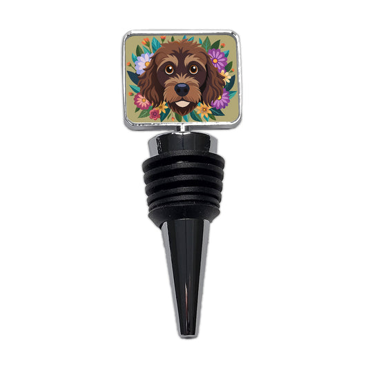 Brown Labradoodle Head Floral Motif Dog Cute Wine Bottle Stopper