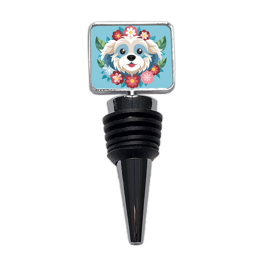 Cavachon Head Floral Dog Motif Blue Background Wine Bottle Stopper