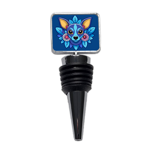 Chiweenie Head Floral Motif Blue Dog Wine Bottle Stopper
