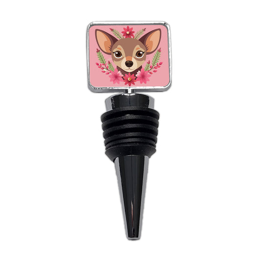 Chiweenie Head Floral Motif Pink Dog Wine Bottle Stopper
