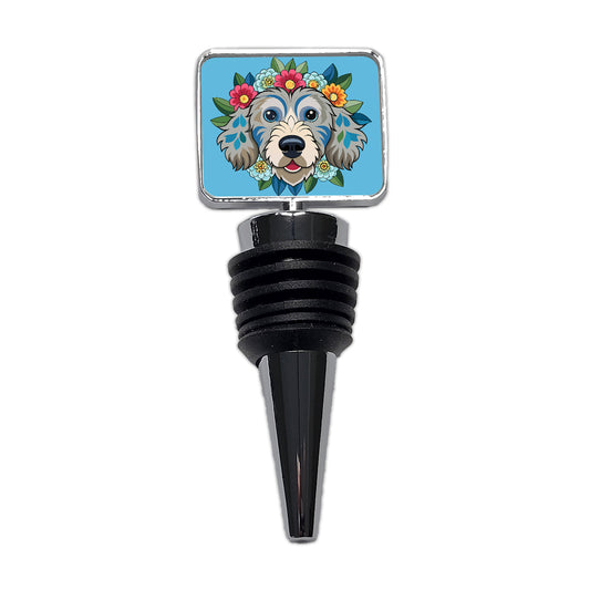 Cockapoo Head Floral Motif Light Blue Dog Wine Bottle Stopper