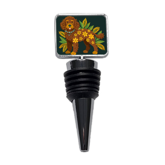 Dark Brown Golden Doodle Floral Motif Green Dog Wine Bottle Stopper