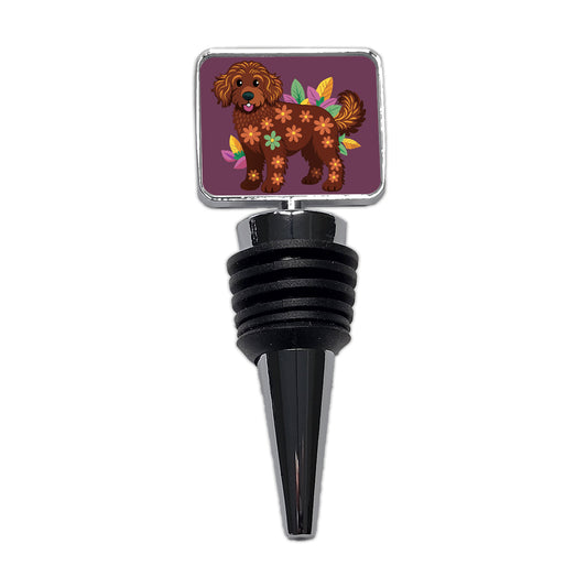 Dark Brown Golden Doodle Floral Motif Purple Dog Wine Bottle Stopper