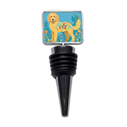 Golden Doodle Floral Motif Blue Dog Wine Bottle Stopper
