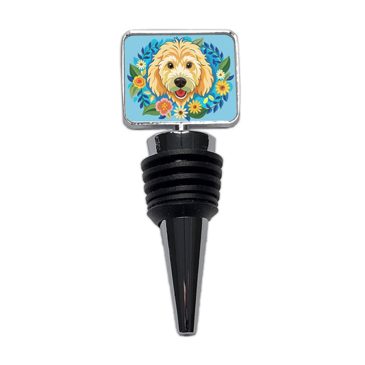 Golden Doodle Head Floral Motif Blue Background Dog Wine Bottle Stopper