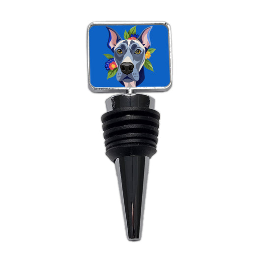 Great Dane Head Floral Motif Blue Dog Wine Bottle Stopper