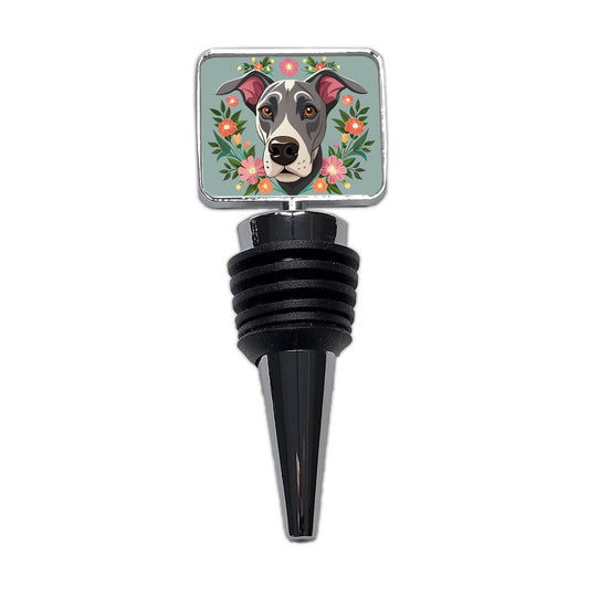 Great Dane Head Floral Motif Gray Dog Wine Bottle Stopper