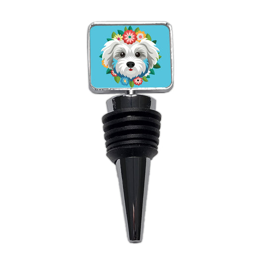 Maltipoo Head Floral Motif Blue Dog Wine Bottle Stopper