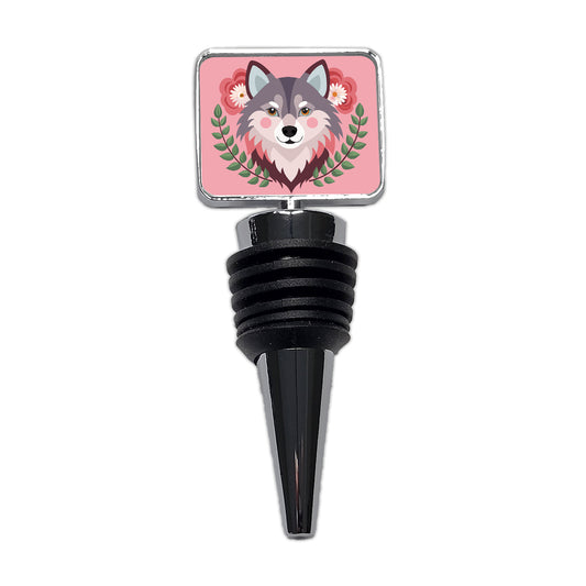 Pomsky Head Floral Motif Pink Cute Dog Wine Bottle Stopper