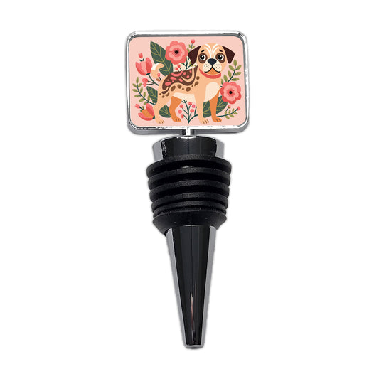 Puggle Floral Motif Pink Dog Wine Bottle Stopper