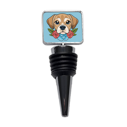 Puggle Head Floral Motif Blue Dog Wine Bottle Stopper