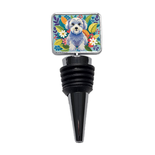 Schnoodle Floral Motif Blue Dog Wine Bottle Stopper