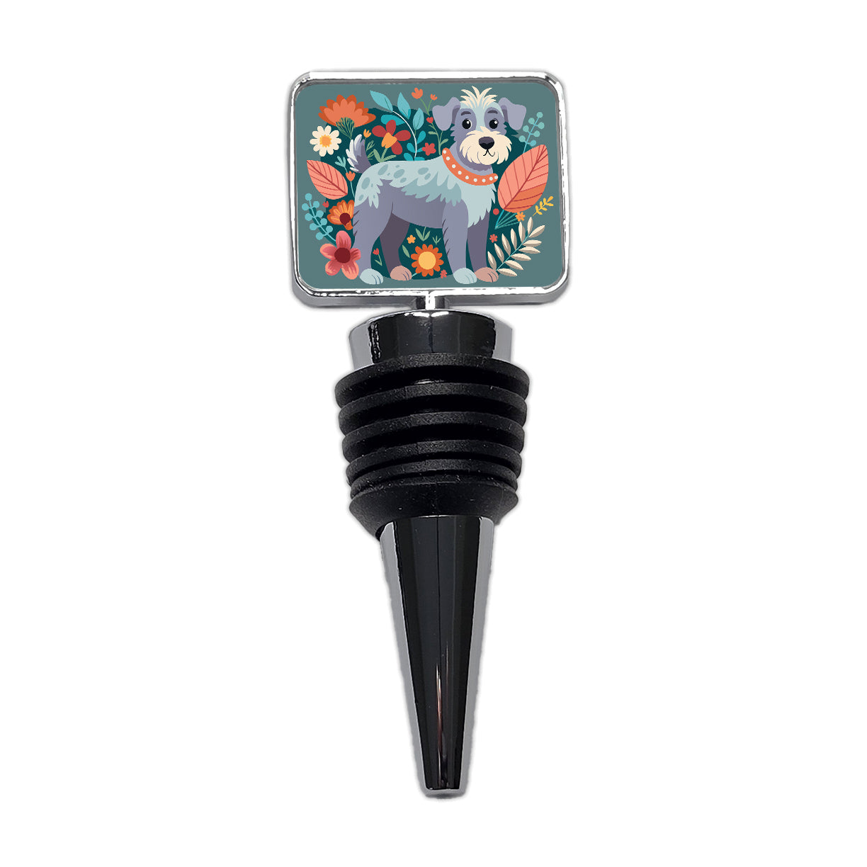 Schnoodle Floral Motif Dog Gray Wine Bottle Stopper