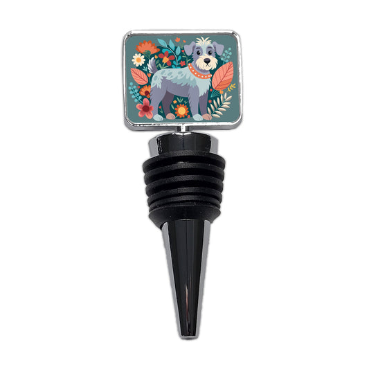 Schnoodle Floral Motif Dog Gray Wine Bottle Stopper