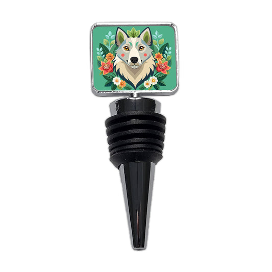 Siberian Retriever Head Floral Motif Green Dog Wine Bottle Stopper