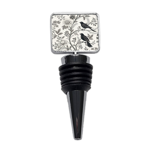 Black On White Toile With Birds Wine Bottle Stopper
