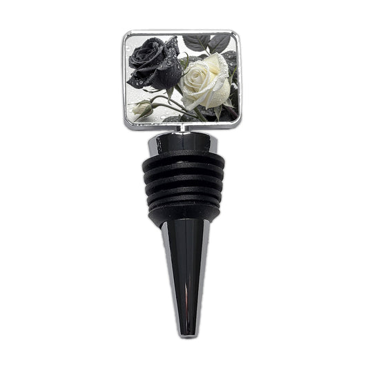 Black White Roses Dewy Wine Bottle Stopper