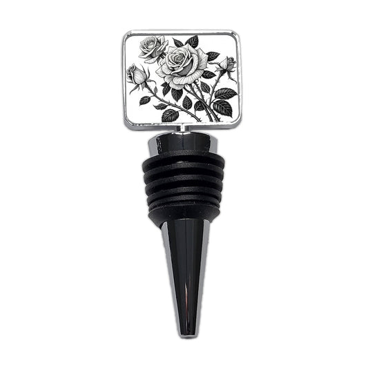 Black White Roses Wine Bottle Stopper