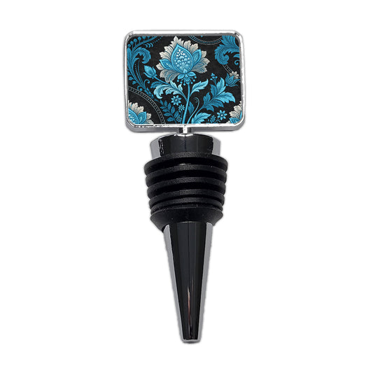Blue Damask On Black Wine Bottle Stopper
