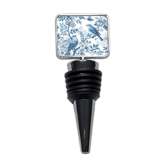 Blue On White Toile With Birds Wine Bottle Stopper