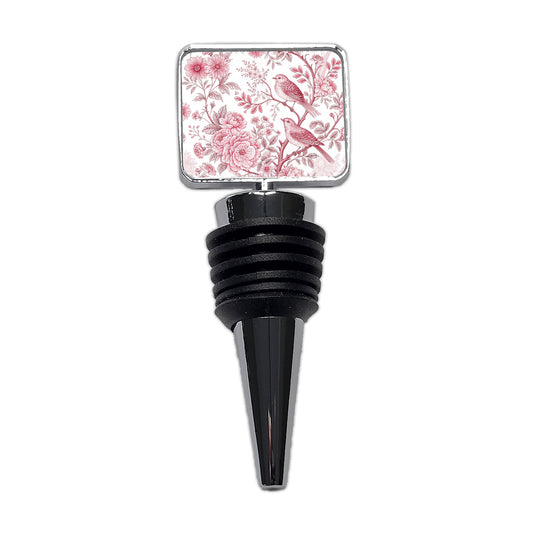 Pink On White Toile With Birds Wine Bottle Stopper