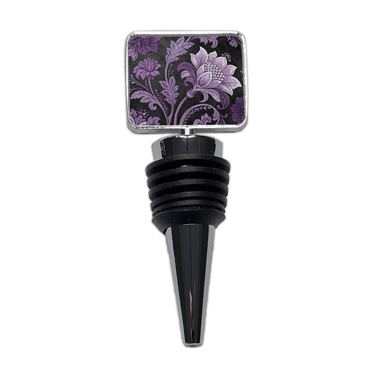 Purple Damask On Black Wine Bottle Stopper