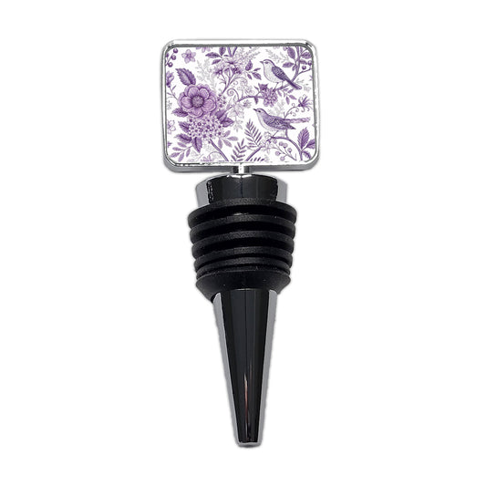 Purple On White Toile With Birds Wine Bottle Stopper