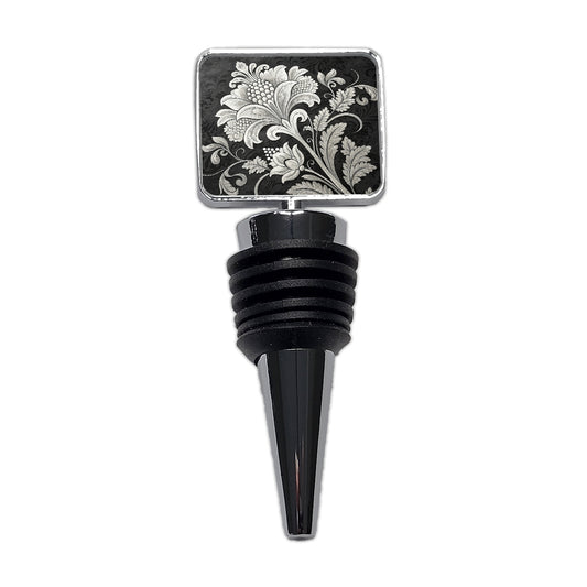 White Damask On Black Wine Bottle Stopper
