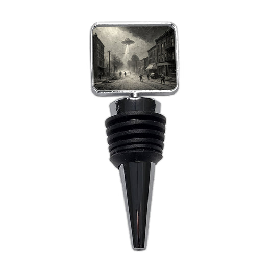 Alien Invasion Found Footage Black and White Wine Bottle Stopper
