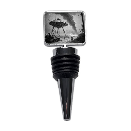 Martian Alien Invasion Tripod War Machine Retro Black and White Wine Bottle Stopper