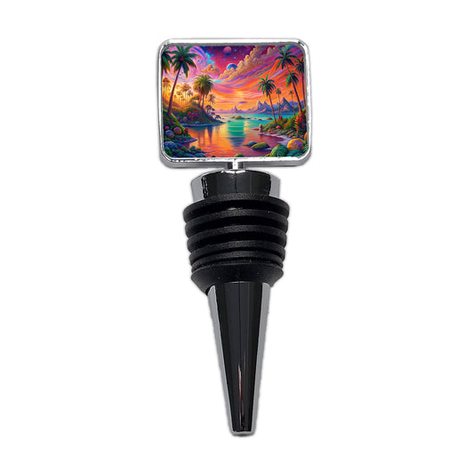 Psychedelic Colorful Tropical Beach Scene Wine Bottle Stopper
