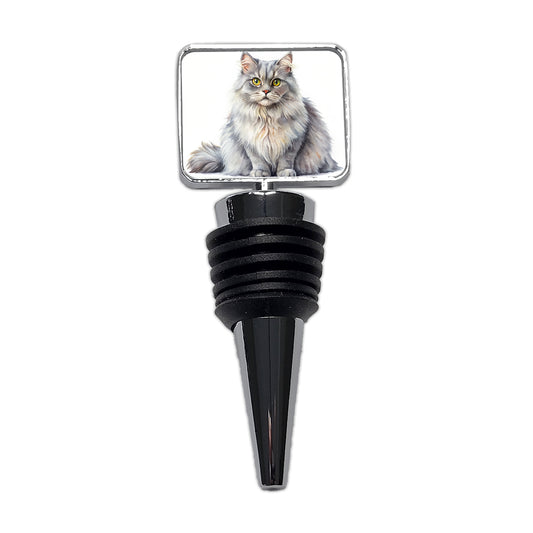 British Longhair Gray Cat Watercolor Style Wine Bottle Stopper